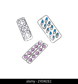 Medical pills in foil packaging. Tablets, drugs, vitamins, capsules in blister. One line art. Pharmacy, health care concept. Vector illustration. Stock Vector