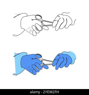 Assistant's gloved hand giving instrument to surgeon. Line art. Surgery and emergency concept. Vector illustration. Stock Vector