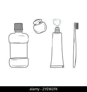 Teeth cleaning set. Line art. Instruments for oral hygiene. Hand drawn vector illustration. Stock Vector