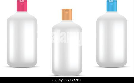Set of blank cosmetic bottles with color caps. Realistic mockup. Luxury hygiene, body spa lotion or skin milk container. Vector illustration Stock Vector