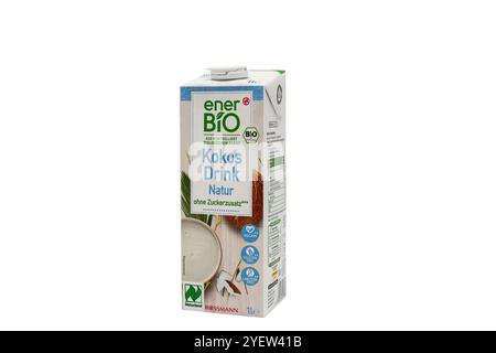 Germany Berlin October 31, 2024 A bottle of kokos drink is shown on a white background. The bottle is made of plastic and is filled with a white liqui Stock Photo
