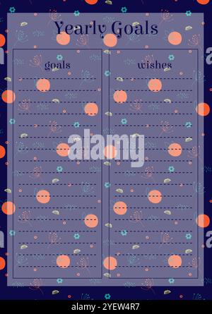 List of New Year Goals template. Concept of personal scheduling template. Paper sheet, vector illustration. Scheduling page for organizing personal ta Stock Vector