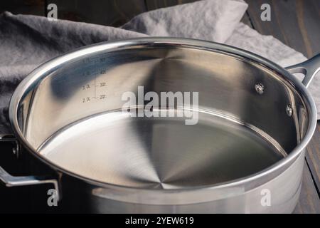 Close-up View of an Empty Saute Pan: Shallow stainless steel pan with vertical sides and riveted handles Stock Photo
