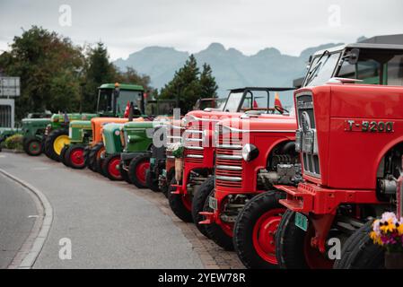 Old tractors parked in a row. Vintage tractors placed along the road after farmer gathering festival. Stock Photo