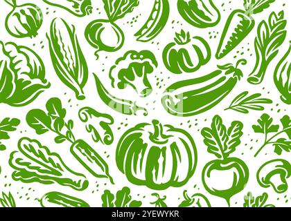 Fresh vegetables background. Farmers market, agriculture farming concept. Seamless pattern vector illustration Stock Vector