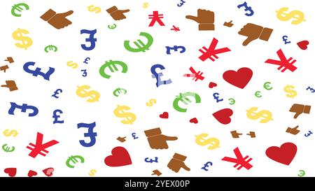 Pattern background with currency symbols heart and hand thumb Stock Vector