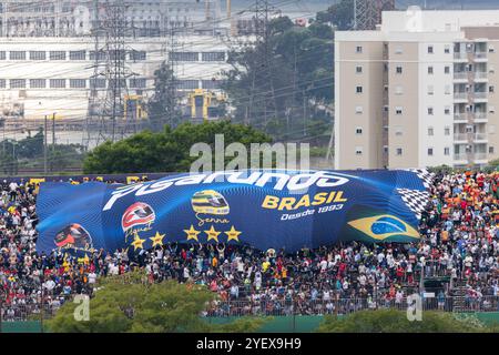 Sao Paulo, Brazil. 01st Nov, 2024. SAO PAULO, BRAZIL - NOVEMBER 01: Fans with a flag honoring Ayrton Sena during sprint qualifying of FIA Formula 1 Brazilian Grand Prix at Autodromo Jose Carlos Pace on November 01, 2024 in Interlagos, Sao Paulo, Brazil. (Rodolfo Buhrer /SPP) Credit: SPP Sport Press Photo. /Alamy Live News Stock Photo