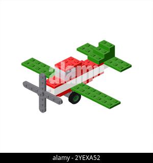 Small plane in isometric view assembled from plastic blocks. Vector illustration Stock Vector