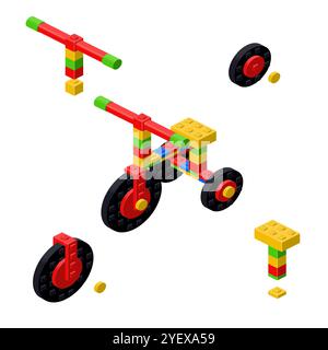 Concept with deconstruction tricycle from plastic blocks. Vector clipart Stock Vector