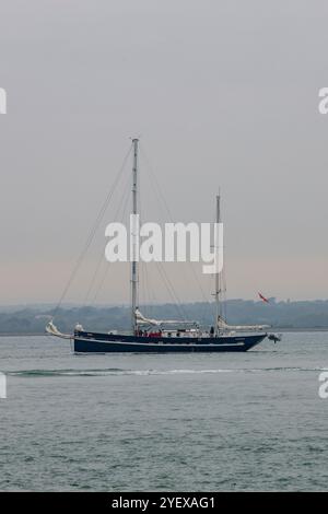 Sailing yacht prolific owned by ocean youth trust under way in the solent off of the coast of the isle of wight UK, Ocean youth trust. Stock Photo