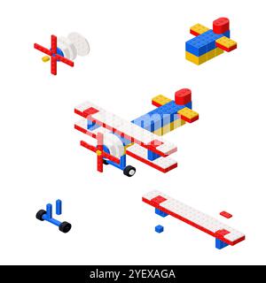 Concept with deconstruction biplane from plastic blocks. Vector illustration Stock Vector