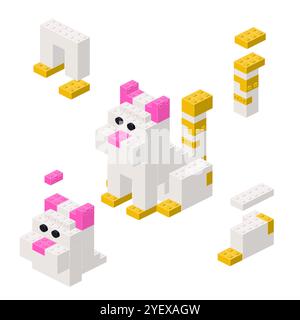 Concept with deconstruction cat from plastic blocks. Vector illustration Stock Vector