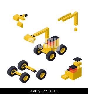 Concept with deconstruction Excavator from plastic blocks. Vector illustration Stock Vector