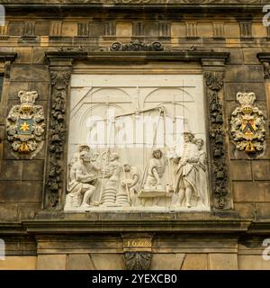 A close-up of the front of the Gouda Cheese Museum (former weighing house) Gouda, The Netherlands Stock Photo