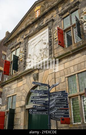 A close-up of the front of the Gouda Cheese Museum (former weighing house) Gouda, The Netherlands Stock Photo