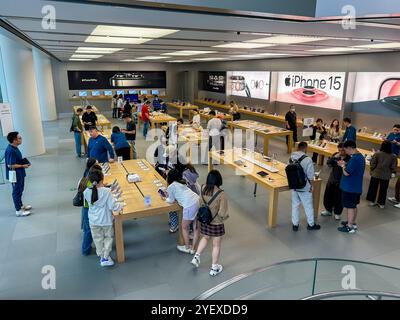 Shanghai, China, Group Chinese Young People Shopping for Electronic Goods, Smart Phones in Apple Store, Iphones, Interiors Stock Photo