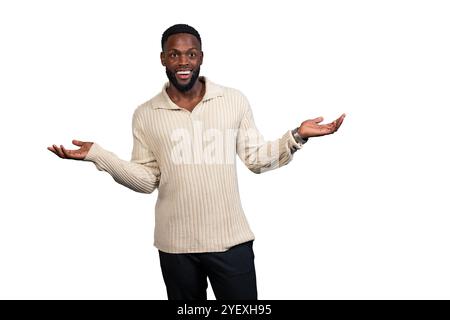 black man with outstretched arms and palms up isolated on background Stock Photo