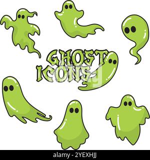 Set of green slime ghost icons with black eyes, Vector Stock Vector ...