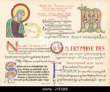 Anglo-Saxon Gospels. Portrait of St Matthew 1 and initial M from the Gospels of Lindisfarne, heading 2 from St Luke's Gospel from Royal MS 1 A.14, letters from the Gospels at Christ's College Cambridge 3,7, Hatton Gospels 5, Abp. Parker's Bodleian Gospels 6, etc. Chromolithograph after an illustration by John Obadiah Westwood from his own Palaeographia Sacra Pictoria, being a series of Illustrations of the Ancient Versions of the Bible, copied from Illuminated Manuscripts, William Smith, London, 1843. Stock Photo