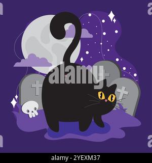 Black cat in graveyard with full moon and skull, Vector Stock Vector