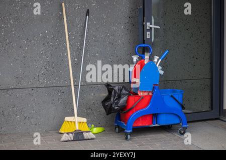 Cleaning trolley with various professional cleaning products and tools against a modern concrete wall Stock Photo