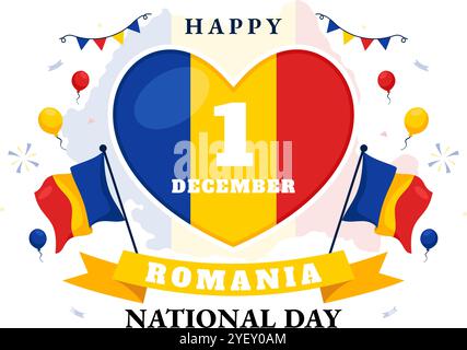 Romania National Day Illustration featuring the Romanian Flag Waving in Celebration of the Great Union Memorial Holiday, with a Festive Background Stock Vector