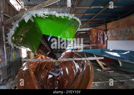 prints and mold malls at the speedboat manufacturing factory with the main material being fiberglass Stock Photo