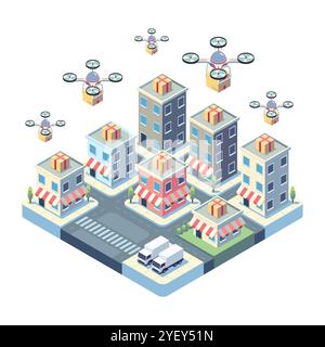 Isometric Drones Delivering Packages in Urban Environment. Logistics and Transportation Concept Stock Vector