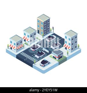 Isometric Autonomous Vehicles or Self-Driving Cars with Advanced Sensors in Smart City. Autonomous Vehicles Concept Stock Vector