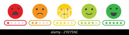 Feedback emoji vector illustration. Rating emoji icon set in different color. Star rating emoji vector icon. Five stars rating emoji icons isolated. Stock Vector