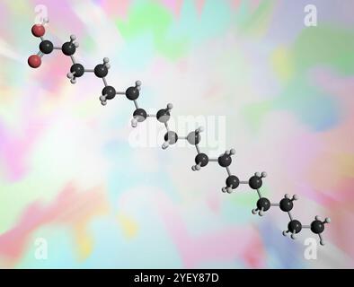 Computer illustration of a ball and stick model of a stearic acid molecule, a saturated fatty acid. Atoms are represented as spheres and are colour-coded: hydrogen (white), carbon (dark grey) and oxygen (red). Stock Photo