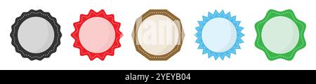 Set of simple logotype circle frame icon set in different color. Collection of empty circular stamp. Round stitched circle set in colors. Stock Vector