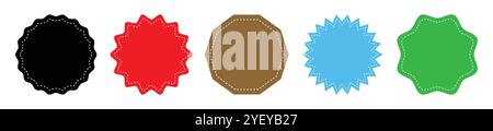 Set of simple logotype circle frame icon set in different color. Collection of empty circular stamp. Round stitched circle set in colors. Stock Vector