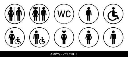 Toilet icons set black color isolated logotype. Man and woman symbol. toilet signs. Wc toilet signs symbol. Woman and man, girl and boy public toilet. Stock Vector