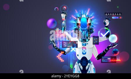 AI robot works with computer interface. Bot with artificial intelligence. Robot with four arms performs many tasks. AI neural network analysis data, w Stock Vector