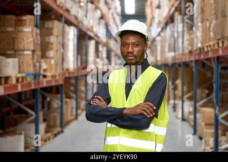 Warehouse worker crossing arms in logistics center Stock Photo