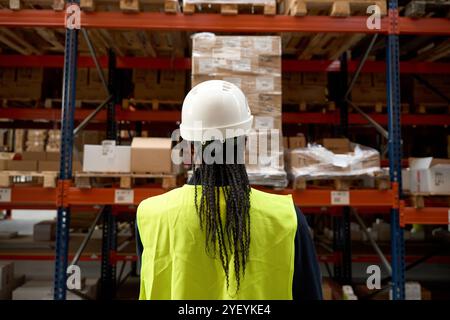 Warehouse worker checking inventory in logistics center Stock Photo