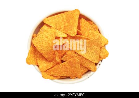 Crispy corn tortilla nachos chips in bowl isolated on white background. Top view Stock Photo