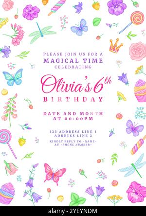 Cute minimal floral party birthday invitation with flowers and butterflies. Vector template on pink background. Stock Vector