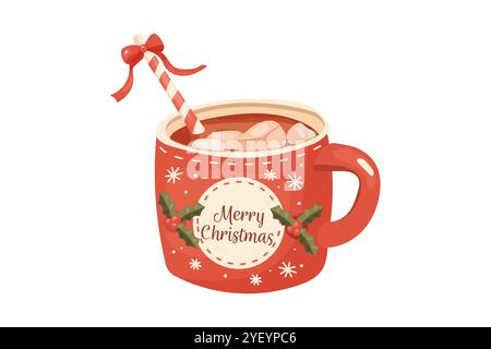 Cocoa and marshmallow mug, cartoon style, Christmas. Cozy vector Stock Vector