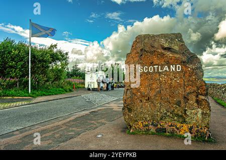 The boundary stone on the border between Scotland and England south of Jedburgh Cheviot Hills. Scotland, United Kingdom, Europe Stock Photo