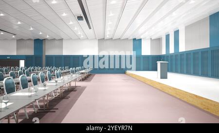 A spacious conference hall with rows of chairs and a podium, set up for a large meeting or seminar. 3d render Stock Photo