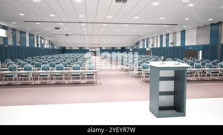 A spacious conference hall with rows of chairs and a podium, set up for a large meeting or seminar. 3d render Stock Photo
