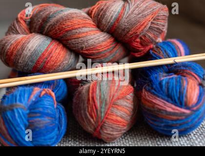 Colorful woolen yarn skeins, needlework concept, woolen threads, craft Stock Photo