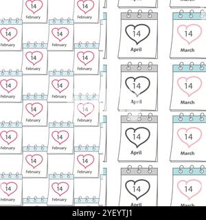 February, March, April 14 Calendar pages with date and heart stroke around Seamless pattern Set of 2. Isolated Vector illustration Wallpaper, wrapping or web promo, posters, banner, label, price tag  Stock Vector