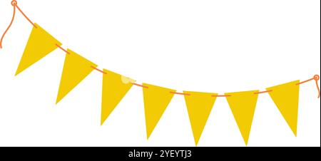 Festive Pennants garland on rope in trendy yellow. Birthday celebration or any one party design idea. Isolated Vector illustration Cards, leaflet, banner, border or web promo, invitation, label, price Stock Vector