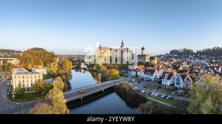 Aerial view, panorama of the town of Sigmaringen with the Hohenzollern castle, a sight and tourist attraction above the old town and the Danube with a Stock Photo