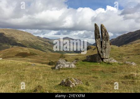 Fionn's Rock, also Praying Hands of Mary, according to legend split by Celt Fingal, also Fionn mac Cumhaill, rock formation, Aberfeldy, Highlands, Sco Stock Photo