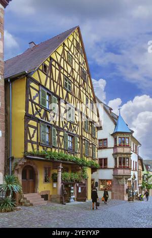 Street with historical houses in Riquewihr, Alsace, France, Europe Stock Photo