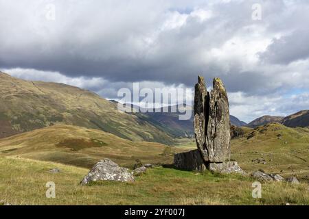 Fionn's Rock, also Praying Hands of Mary, according to legend split by Celt Fingal, also Fionn mac Cumhaill, rock formation, Aberfeldy, Highlands, Sco Stock Photo